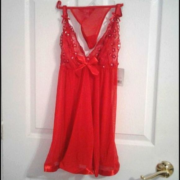 Sexy Two Piece Red Embroidered & Sheer Babydoll Set - Picture 1 of 9
